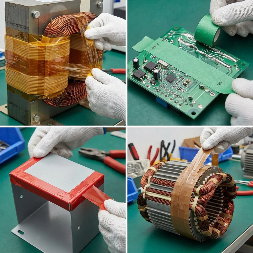 JIAOTAOTAO high temperature resistant tape applied across multiple industrial applications: PCB wave soldering masking, transformer winding insulation, powder coating oven metal part masking, motor coil binding